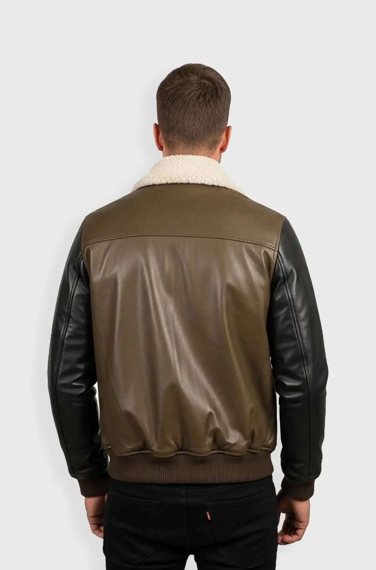 Olive Green Shearling Collar Leather Bomber Jacket Olive Green Shearling Collar Leather Bomber Jacket