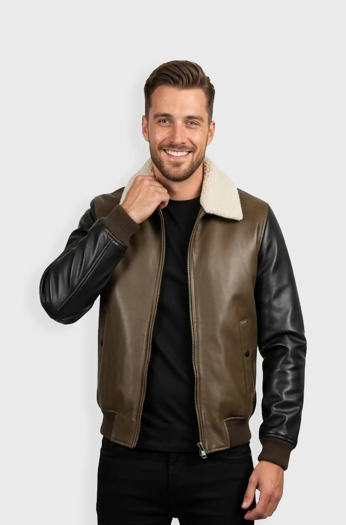 Olive Green Shearling Collar Leather Bomber Jacket Olive Green Shearling Collar Leather Bomber Jacket