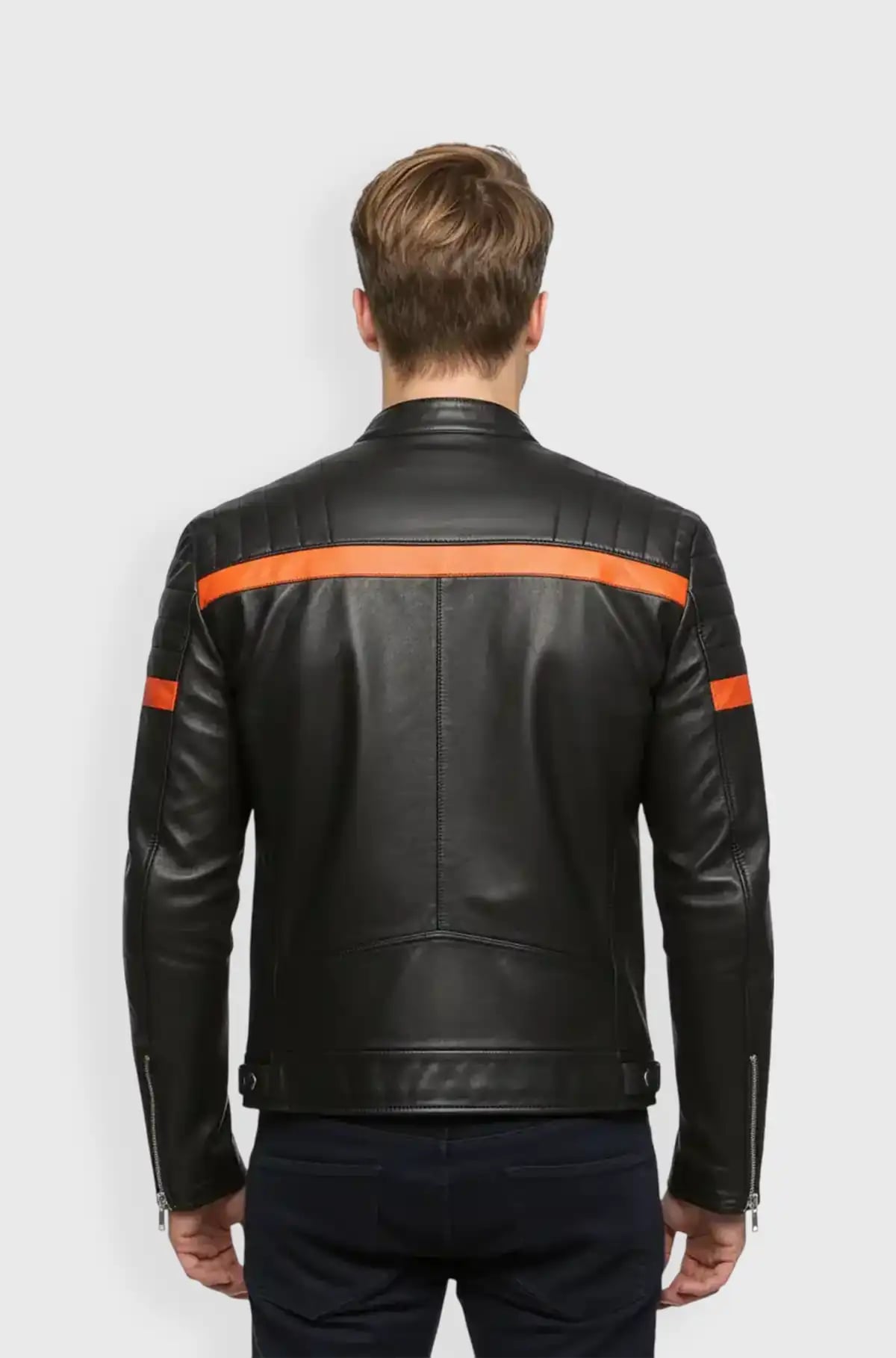 Orange Stripes Black Biker Leather Jacket Orange Stripes Black Biker Leather Jacket