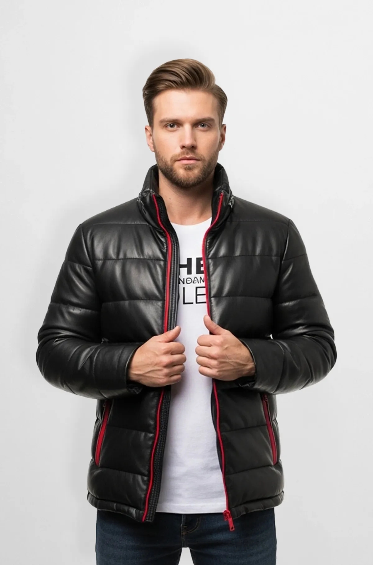 Padded Black puffer Jacket with Red Trim Padded Black puffer Jacket with Red Trim