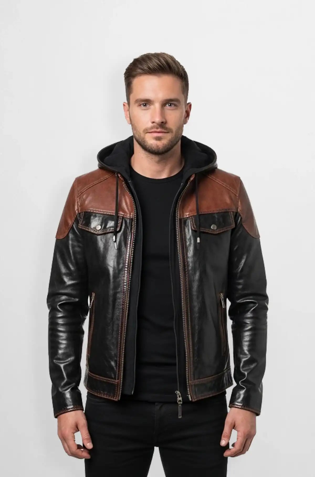 Premium Dual Tone Hooded Leather Jacket Premium Dual Tone Hooded Leather Jacket