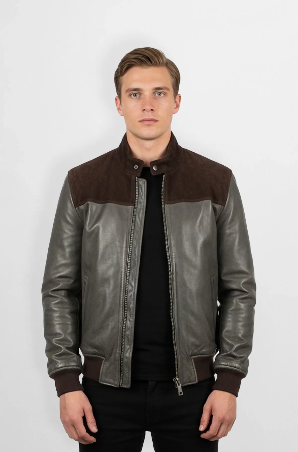 Premium Grey And Brown Leather Bomber Jacket Premium Grey And Brown Leather Bomber Jacket