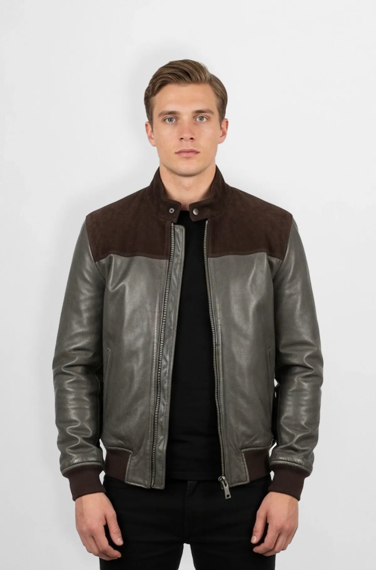 Premium Grey And Brown Leather Bomber Jacket Premium Grey And Brown Leather Bomber Jacket