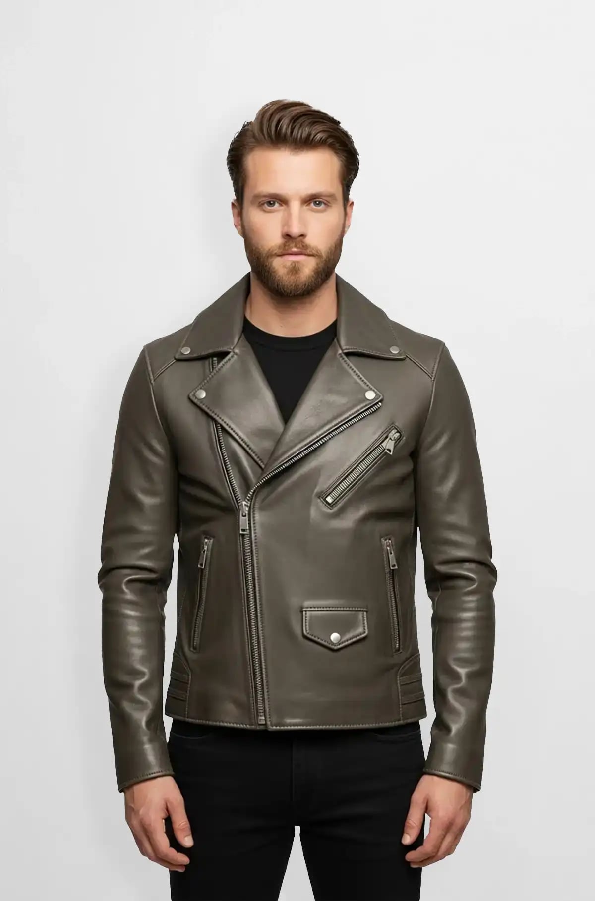 Premium Street Style Grey Taupe Biker Leather Jacket Premium Street Style Grey Taupe Biker Leather Jacket