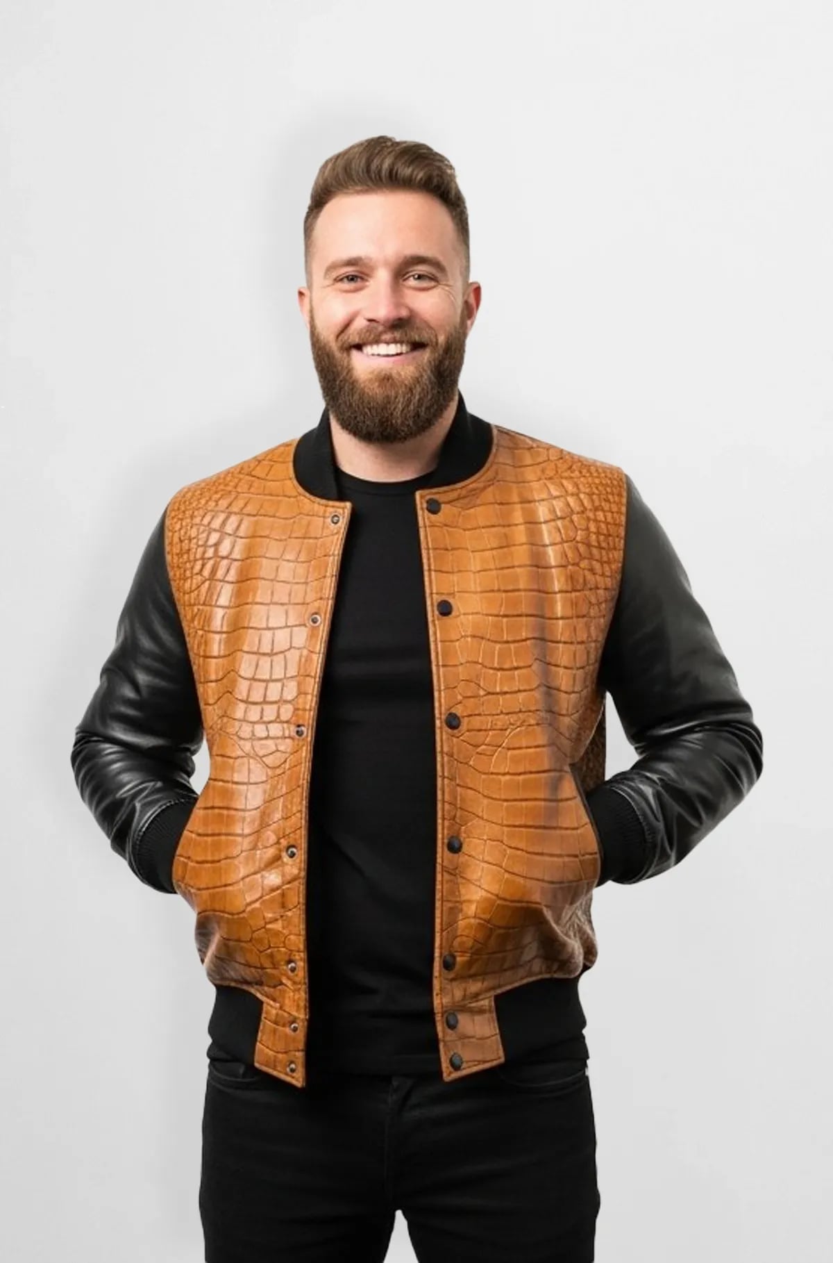 Premium Tan Crocodile Leather Bomber Jacket Premium Tan Crocodile Leather Bomber Jacket