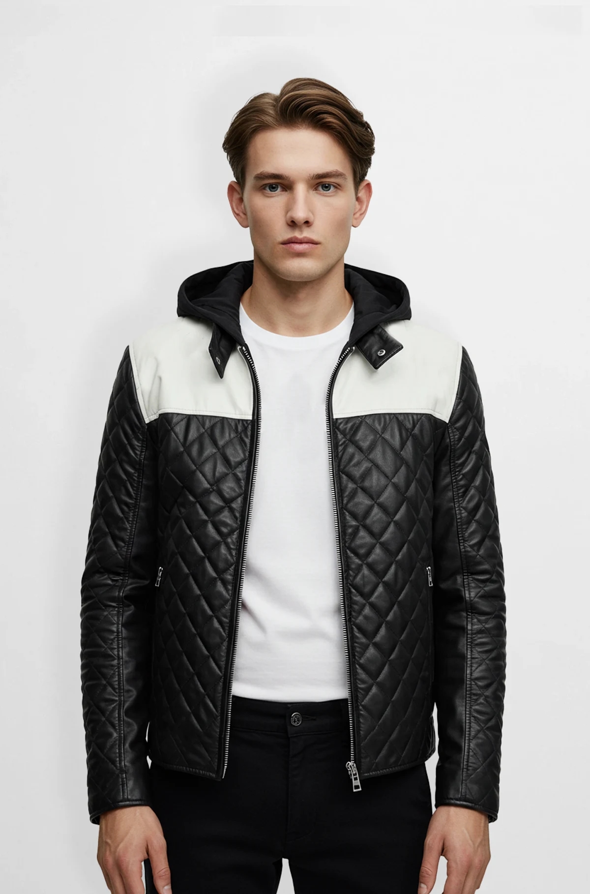 Quilted Leather Jacket with Hood for Men Quilted Leather Jacket with Hood for Men