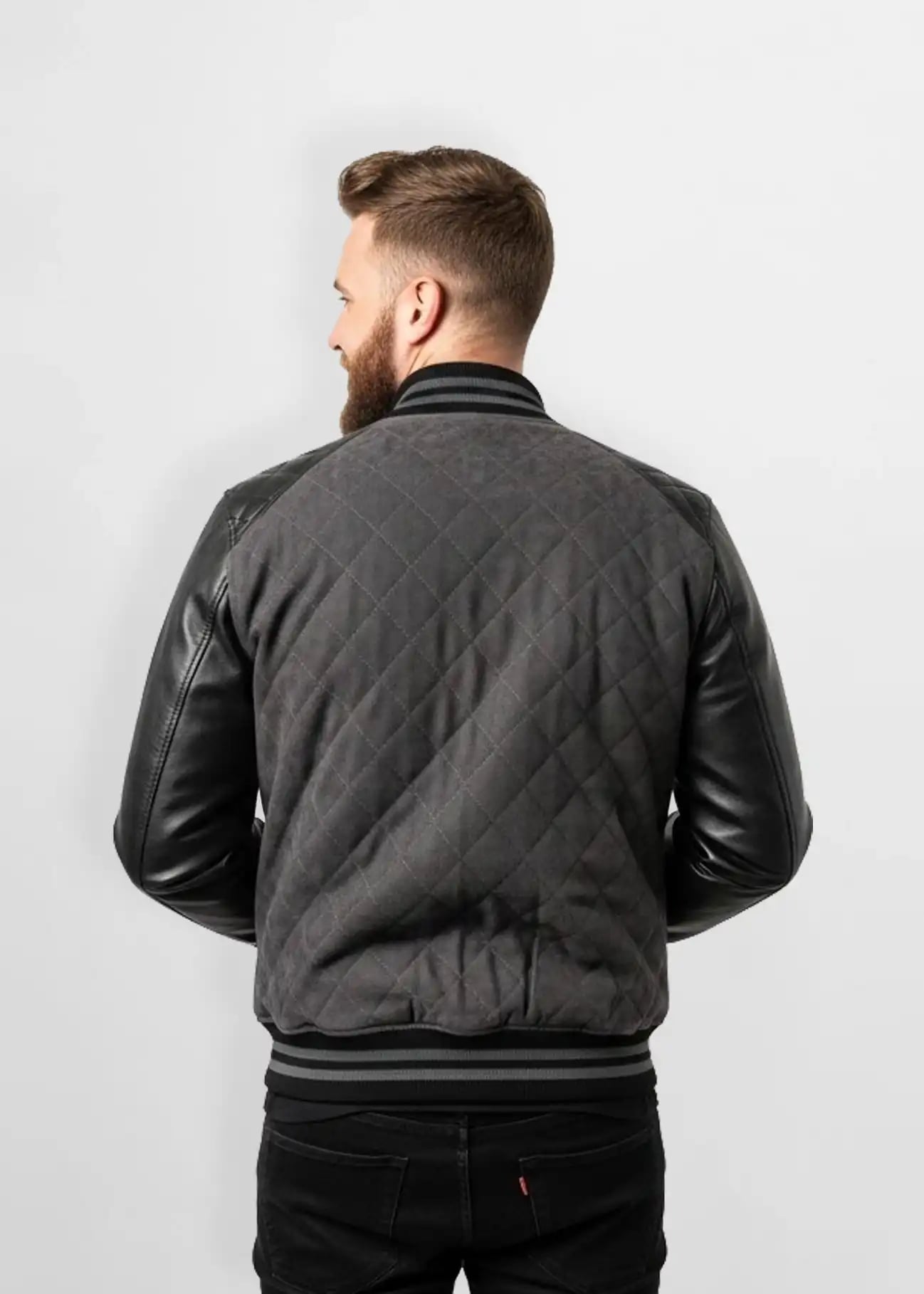 Quilted Grey Suede Leather Varsity Jacket Quilted Grey Suede Leather Varsity Jacket