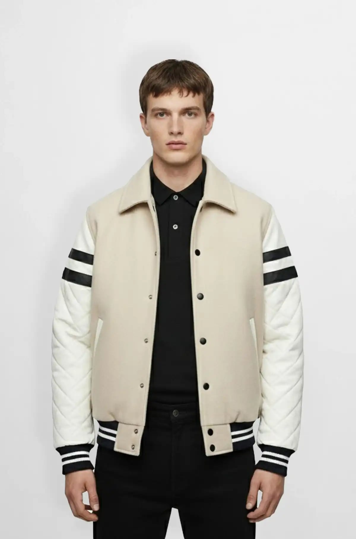 Quilted Stone Beige Wool Leather Varsity Jacket Quilted Stone Beige Wool Leather Varsity Jacket