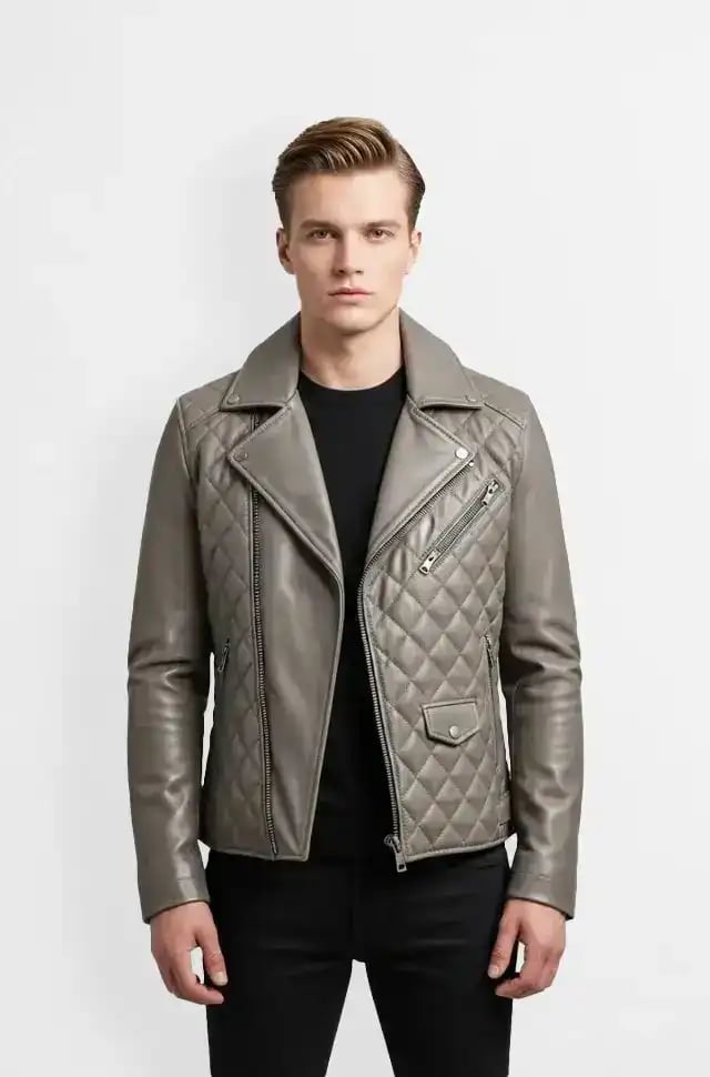 Quilted Taupe Grey Leather Biker Jacket Quilted Taupe Grey Leather Biker Jacket