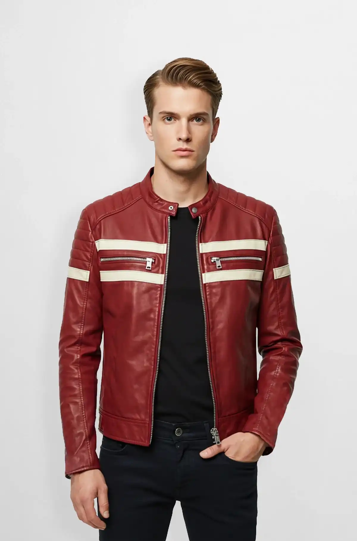 Red And Cream Stripes Leather Racer Jacket Red And Cream Stripes Leather Racer Jacket