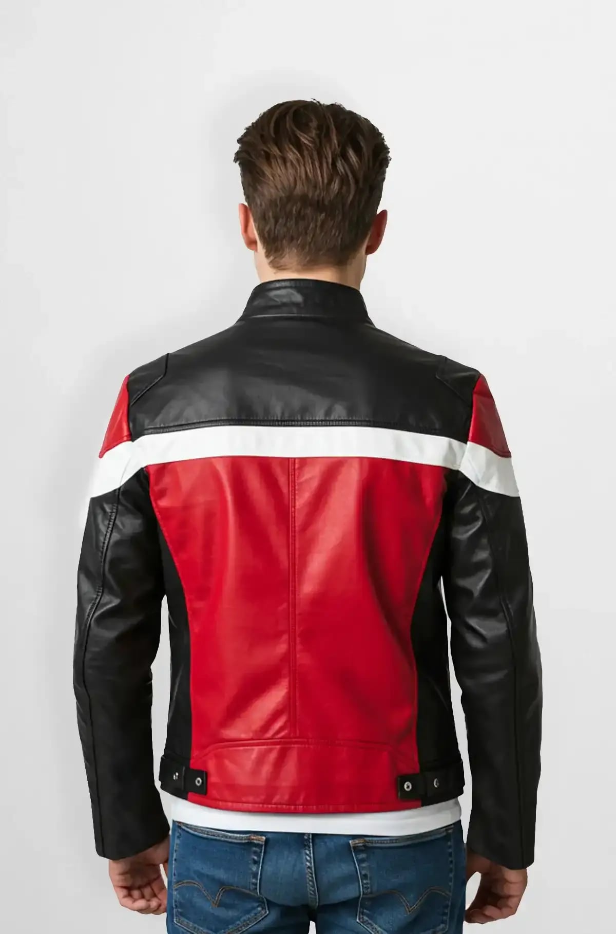 Red And white Block Black Racer Leather Jacket Red And white Block Black Racer Leather Jacket