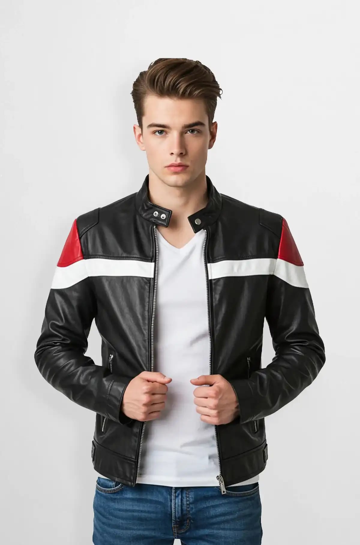Red And white Block Black Racer Leather Jacket Red And white Block Black Racer Leather Jacket