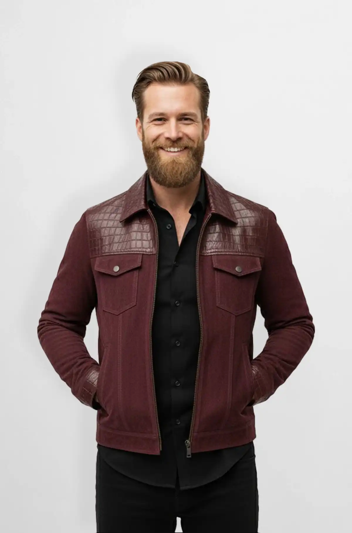 Regal Croc Maroon Inspired Collared Leather Jacket Regal Croc Maroon Inspired Collared Leather Jacket