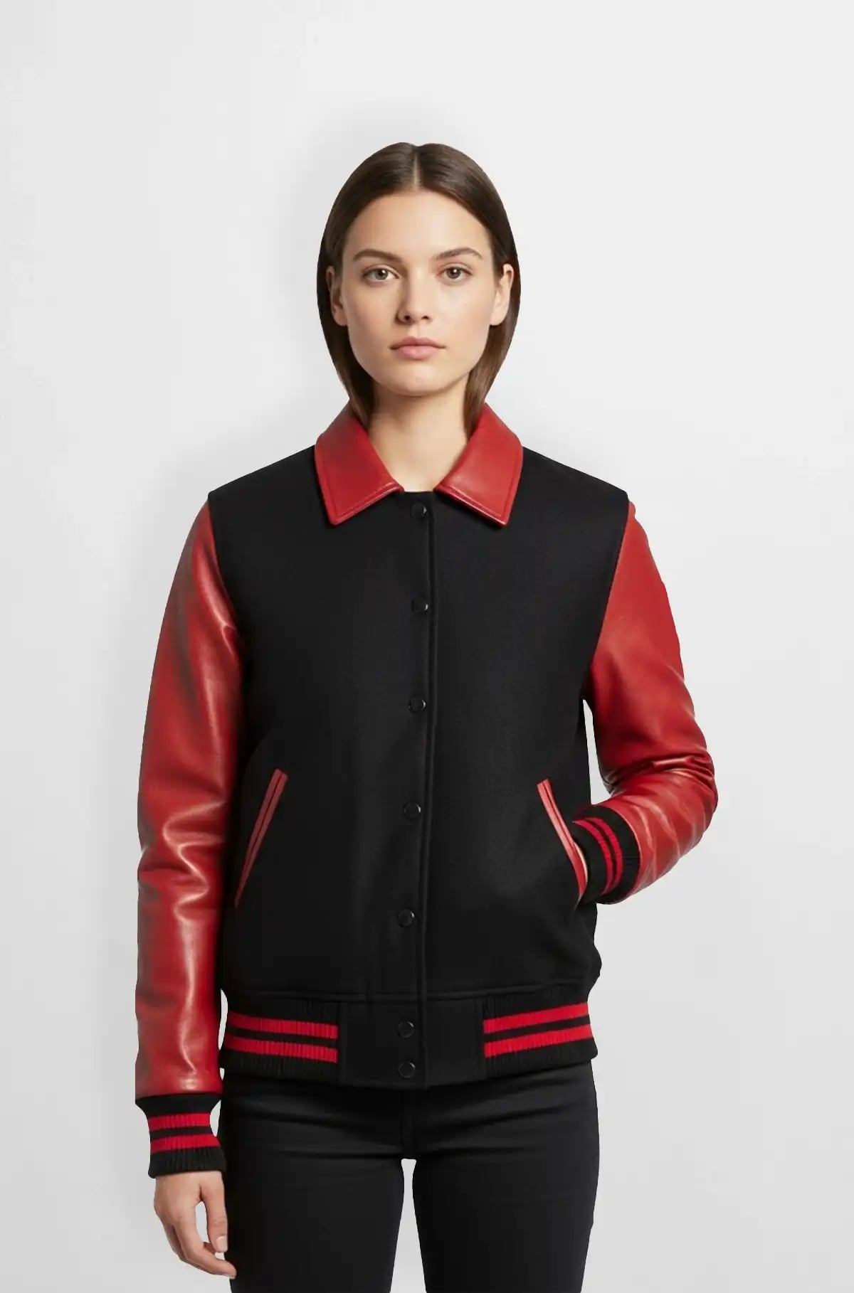 Rose Red and Black Leather Varsity Jacket Rose Red and Black Leather Varsity Jacket