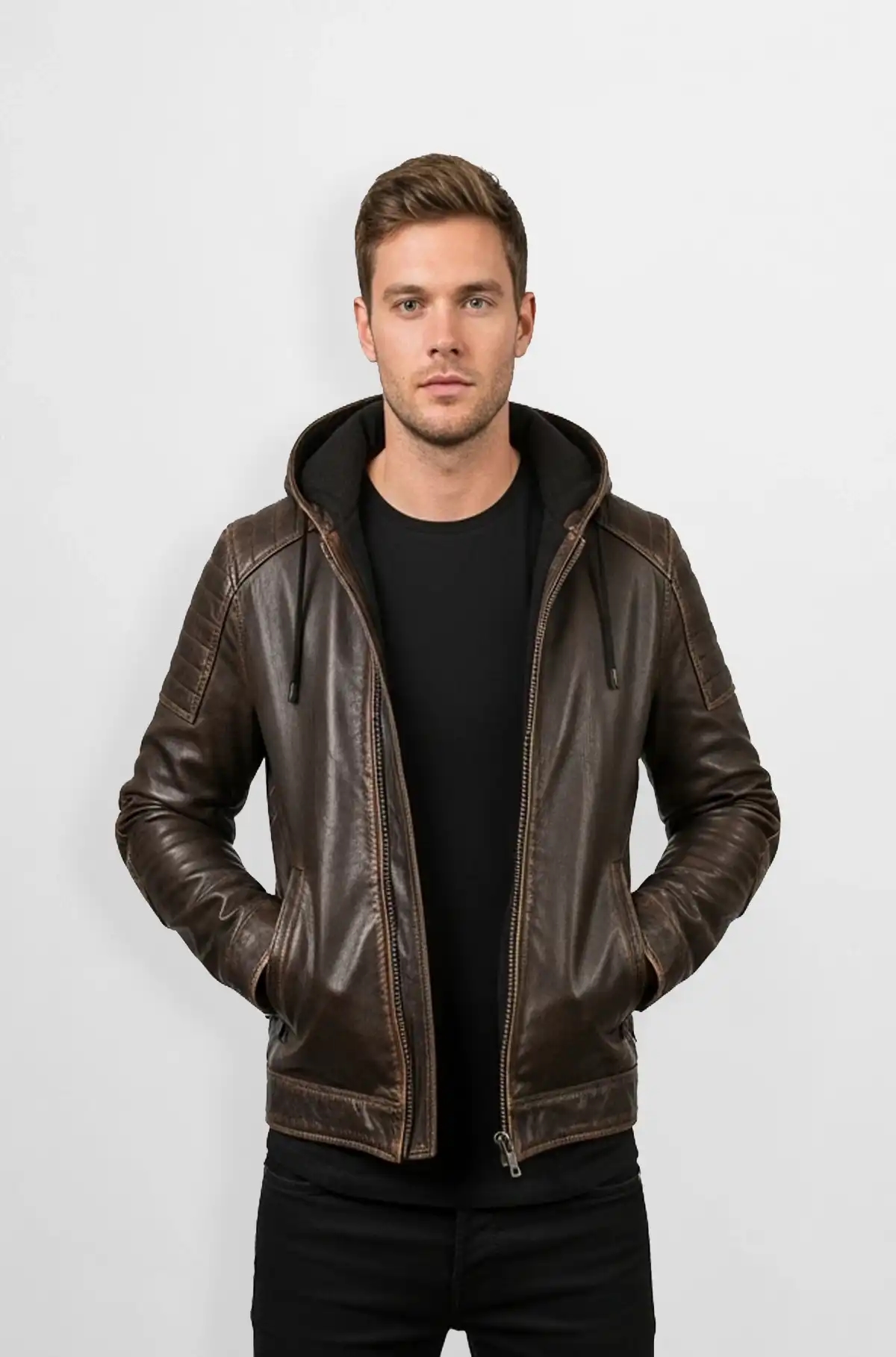 RustRider Hooded Biker Leather Jacket RustRider Hooded Biker Leather Jacket