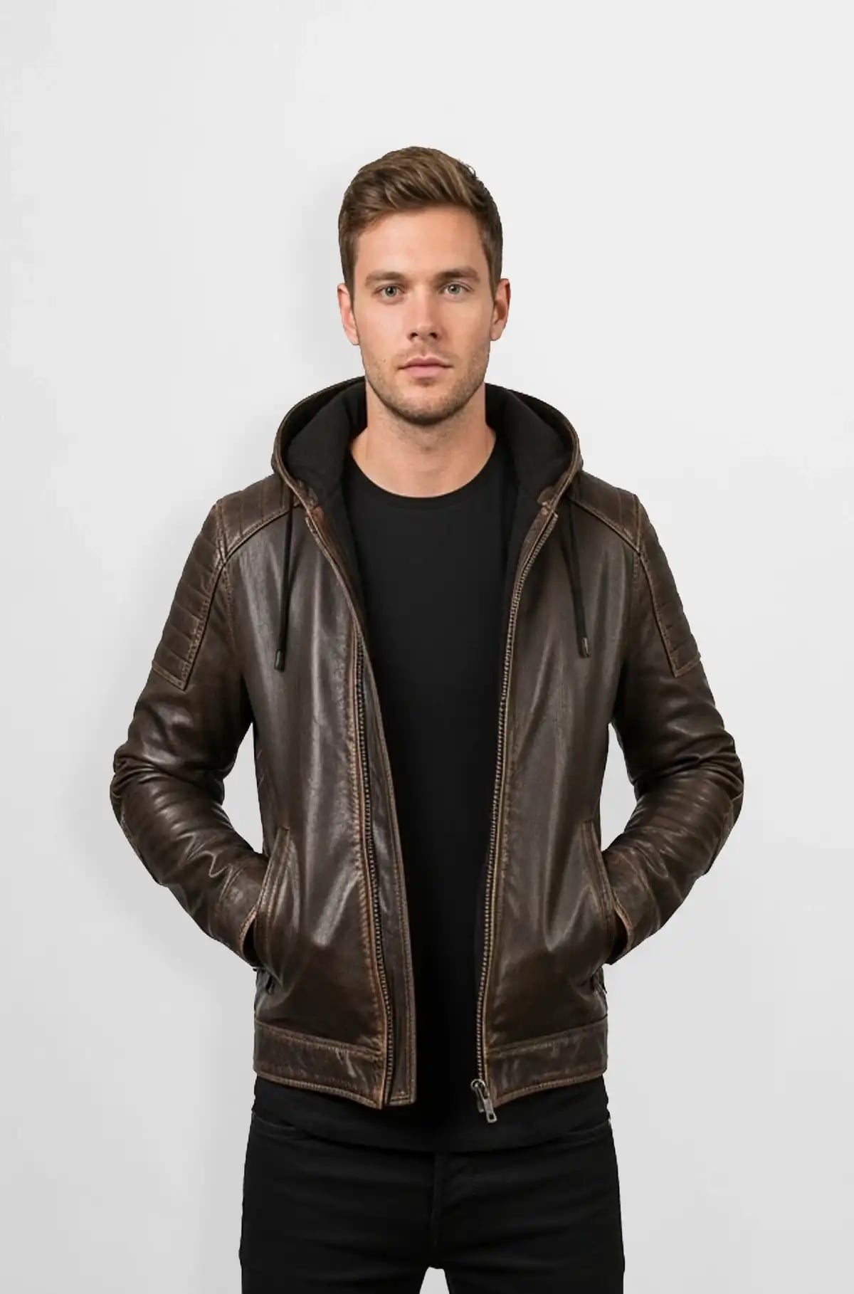 RustRider Hooded Biker Leather Jacket RustRider Hooded Biker Leather Jacket