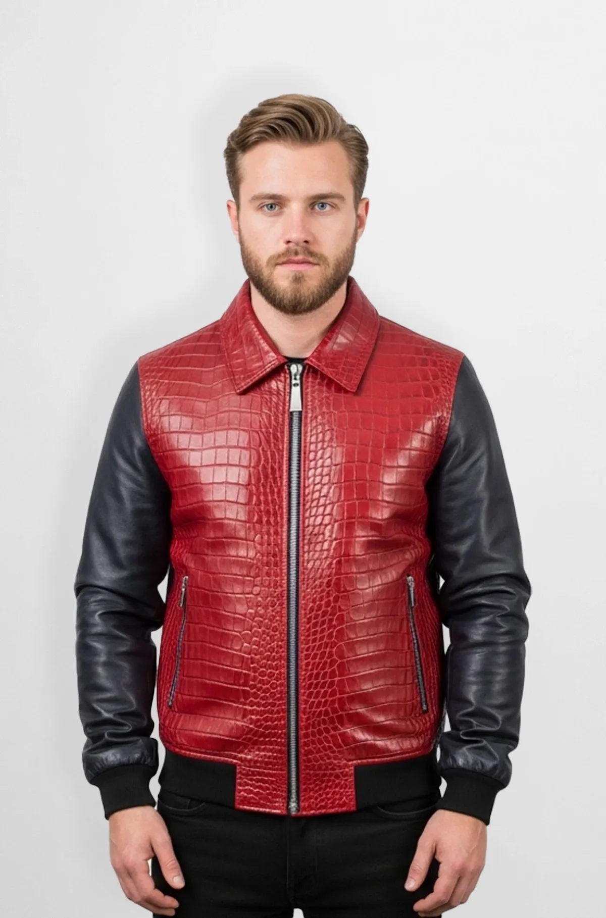 Serpent Red with Jet Black Sleeves Leather Jacket Serpent Red with Jet Black Sleeves Leather Jacket