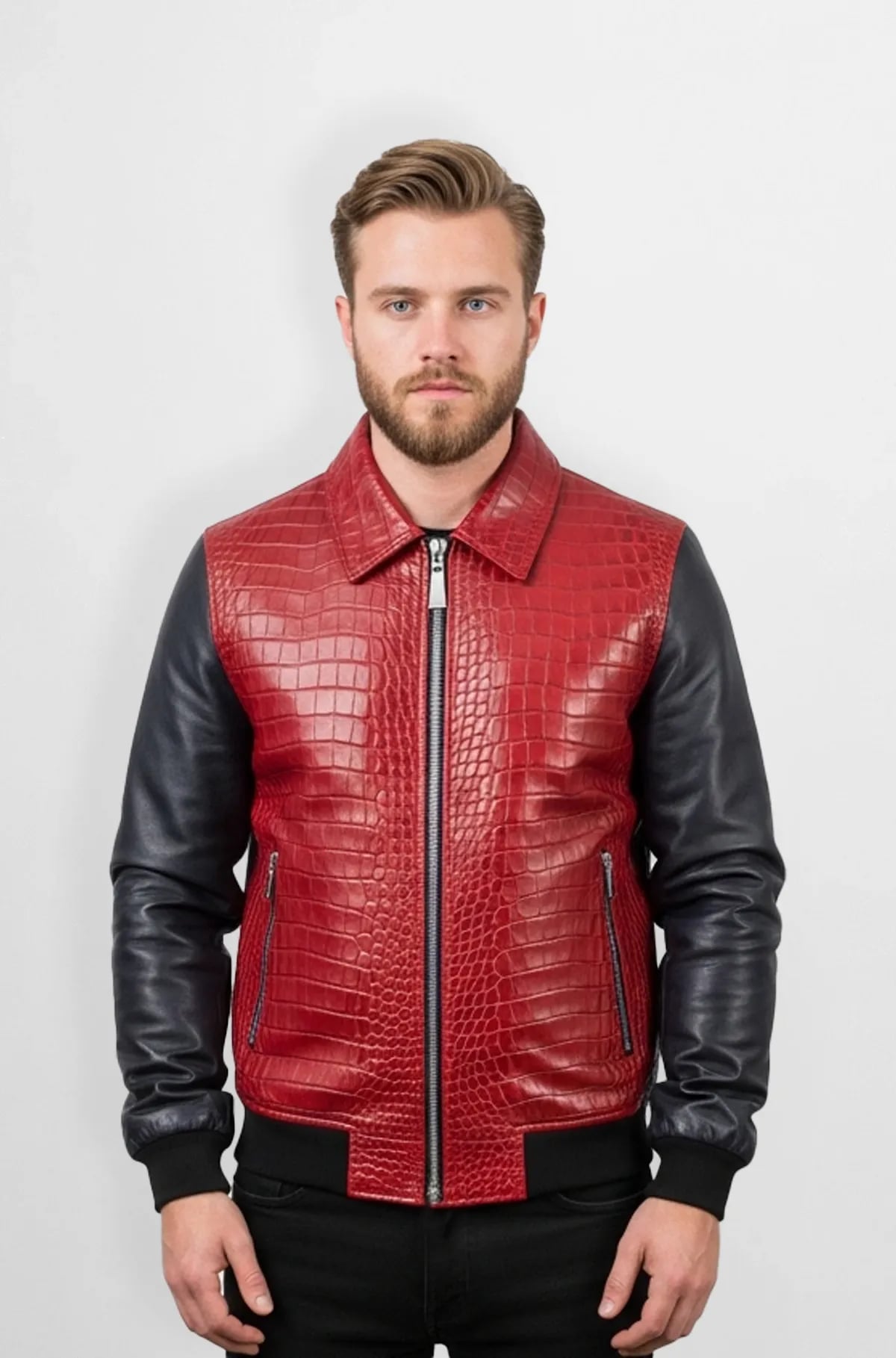 Serpent Red with Jet Black Sleeves Leather Jacket Serpent Red with Jet Black Sleeves Leather Jacket