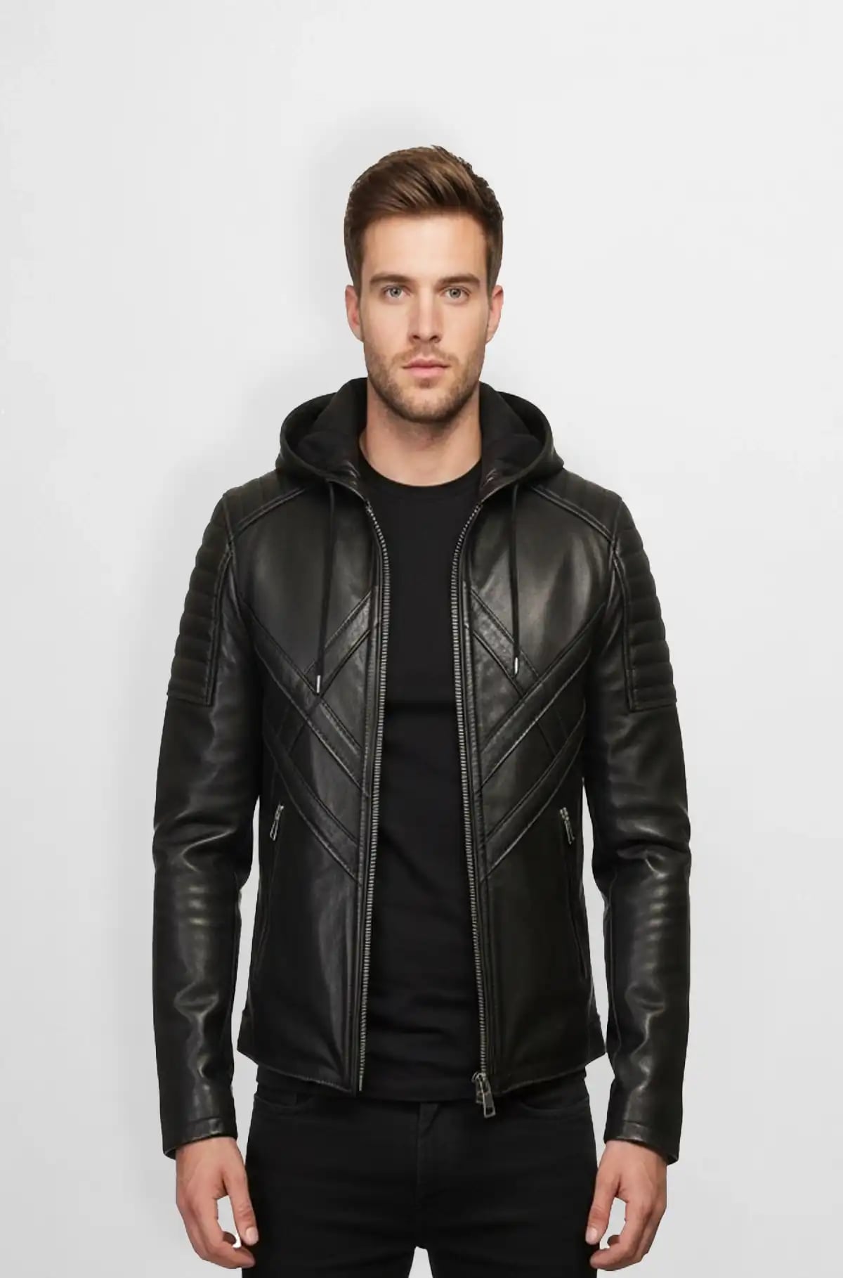 Shadow Line Black Hooded Biker Leather Jacket Shadow Line Black Hooded Biker Leather Jacket