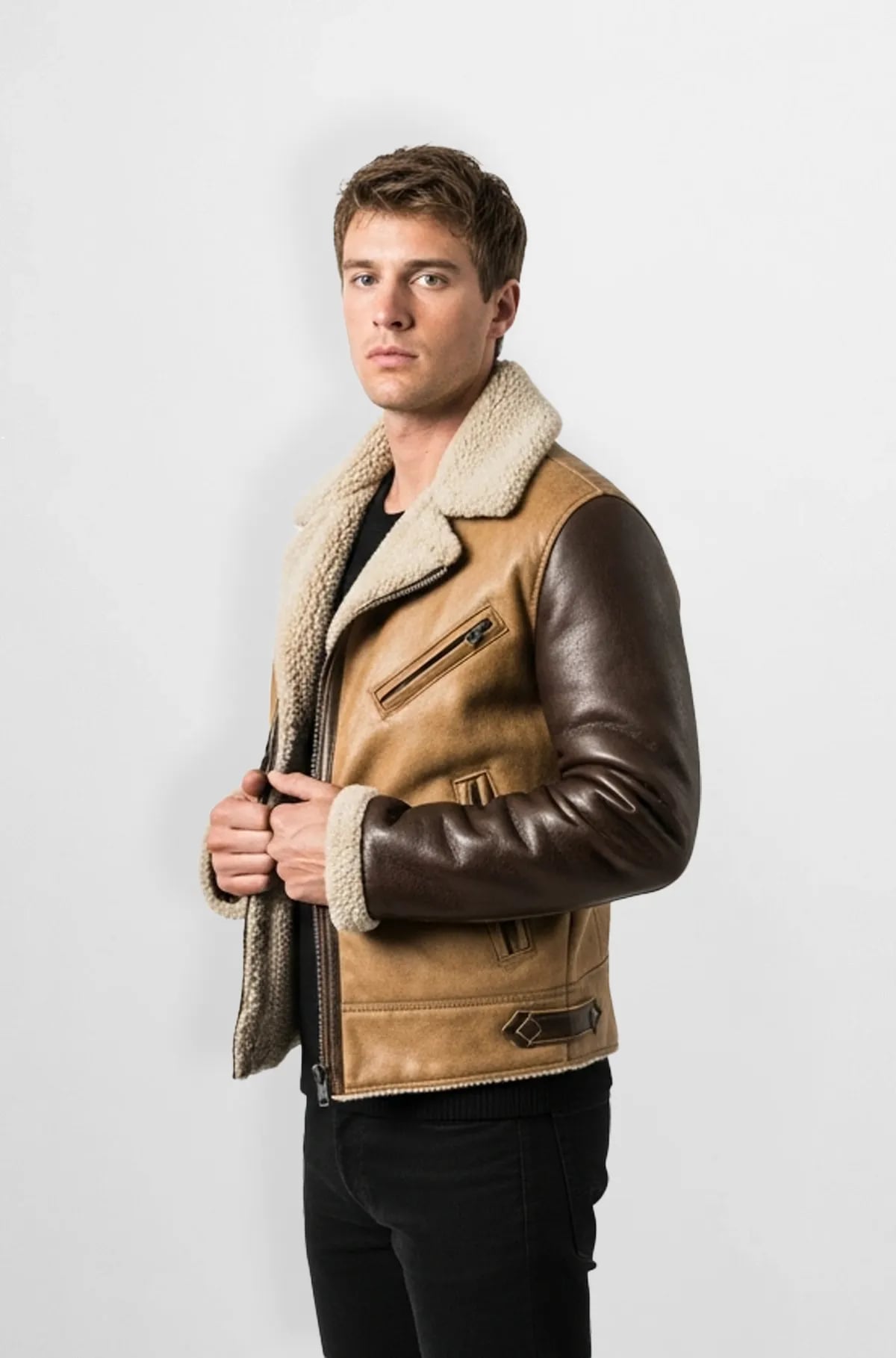 Shearling Brown & Tan Leather Biker Jacket Shearling Brown & Tan Leather Biker Jacket