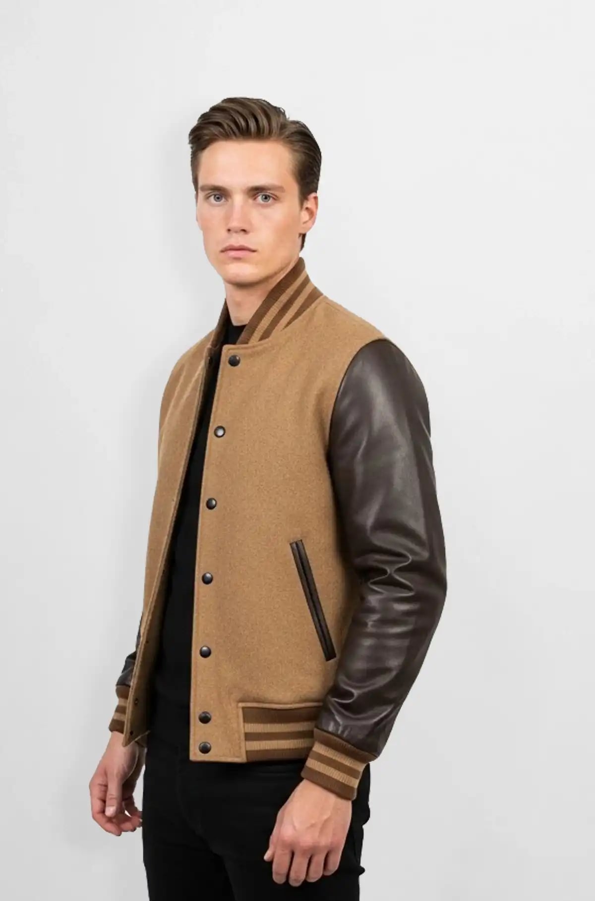 Signature Tan Varsity Leather Jacket Signature Tan Varsity Leather Jacket