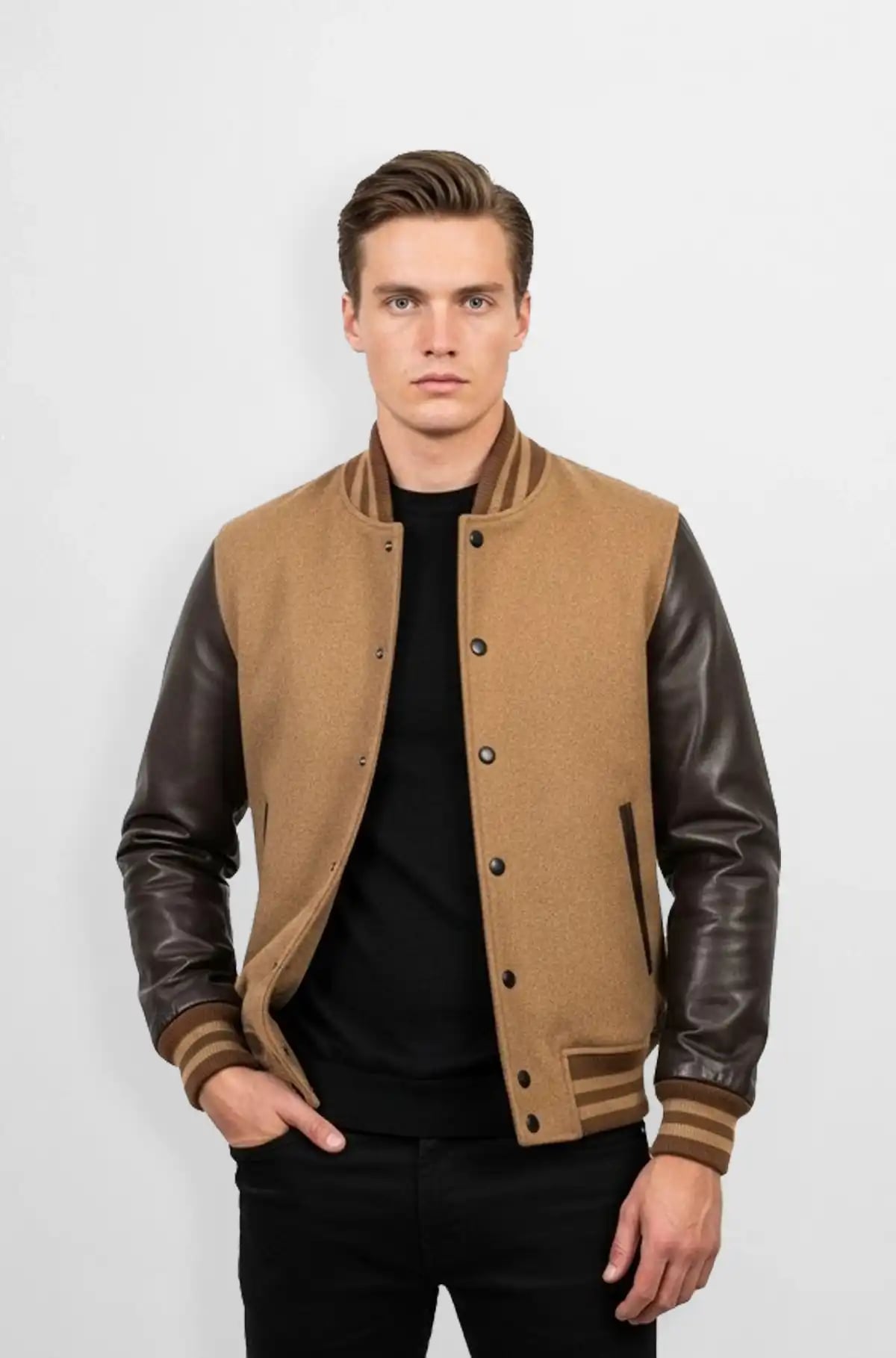 Signature Tan Varsity Leather Jacket Signature Tan Varsity Leather Jacket