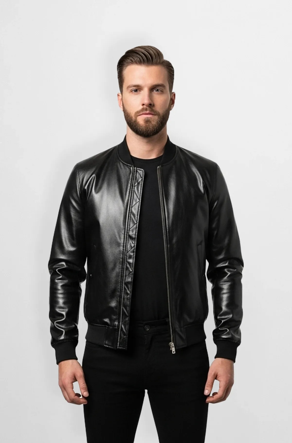 Sleek Black Leather Bomber Jacket Sleek Black Leather Bomber Jacket