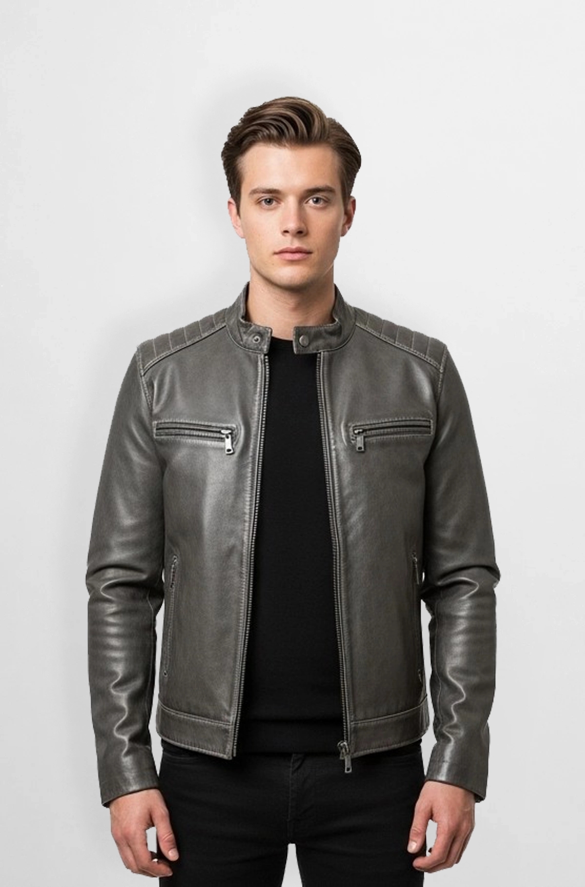 Sleek Charcoal Grey Leather Moto Jacket Sleek Charcoal Grey Leather Moto Jacket