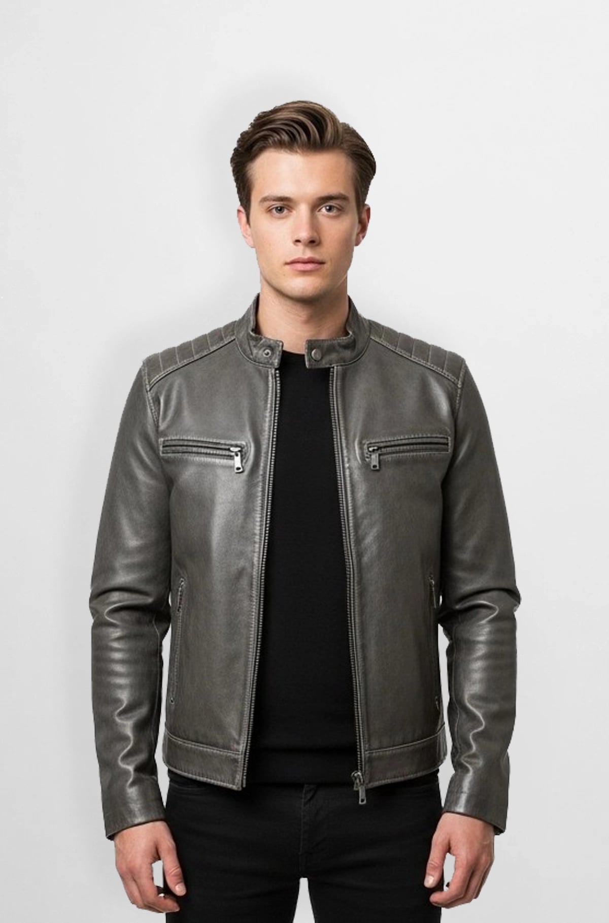 Sleek Charcoal Grey Leather Moto Jacket Sleek Charcoal Grey Leather Moto Jacket