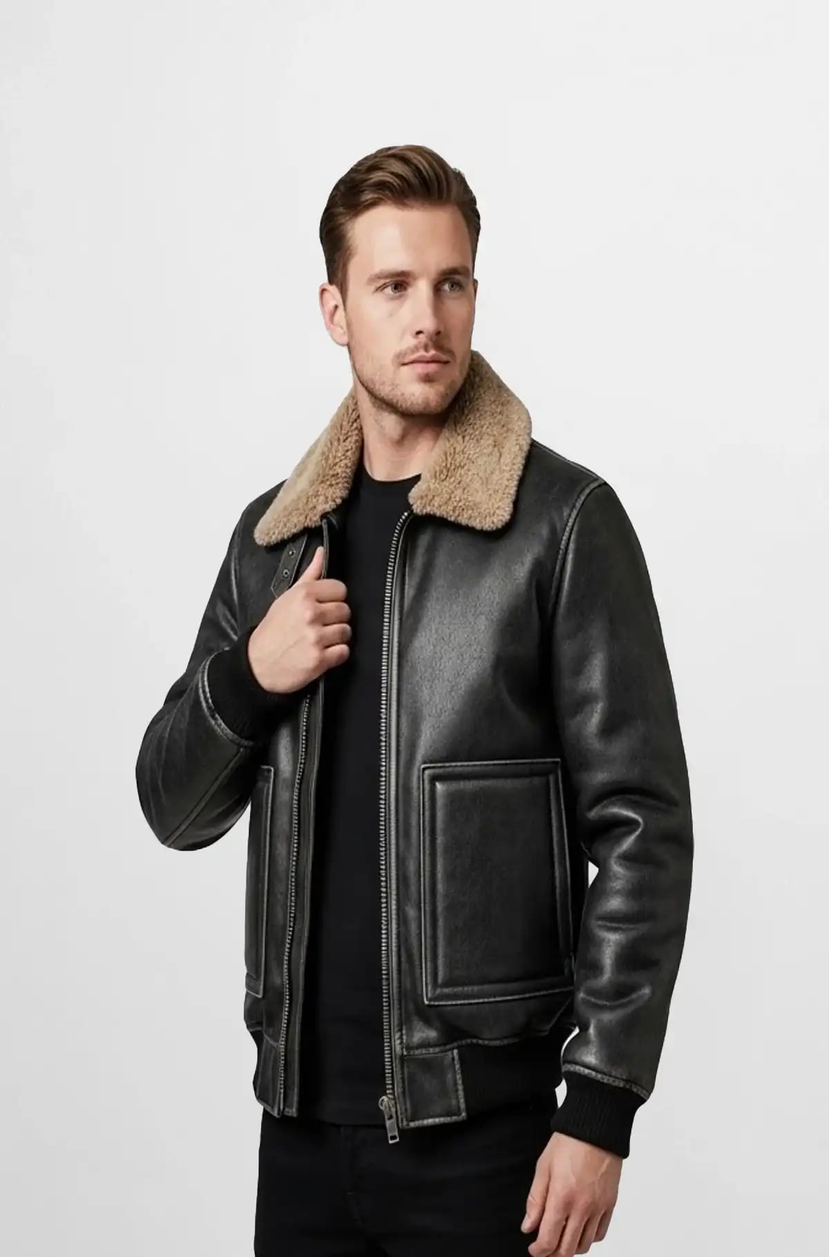 Soft Black Shearling Collar Bomber Leather Jacket Soft Black Shearling Collar Bomber Leather Jacket