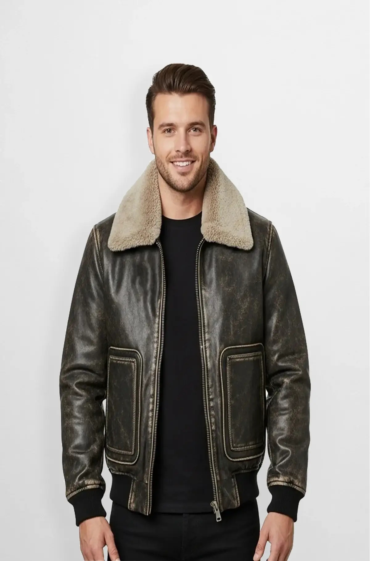 Soft Brown Leather Bomber Jacket with Shearling Collar Soft Brown Leather Bomber Jacket with Shearling Collar