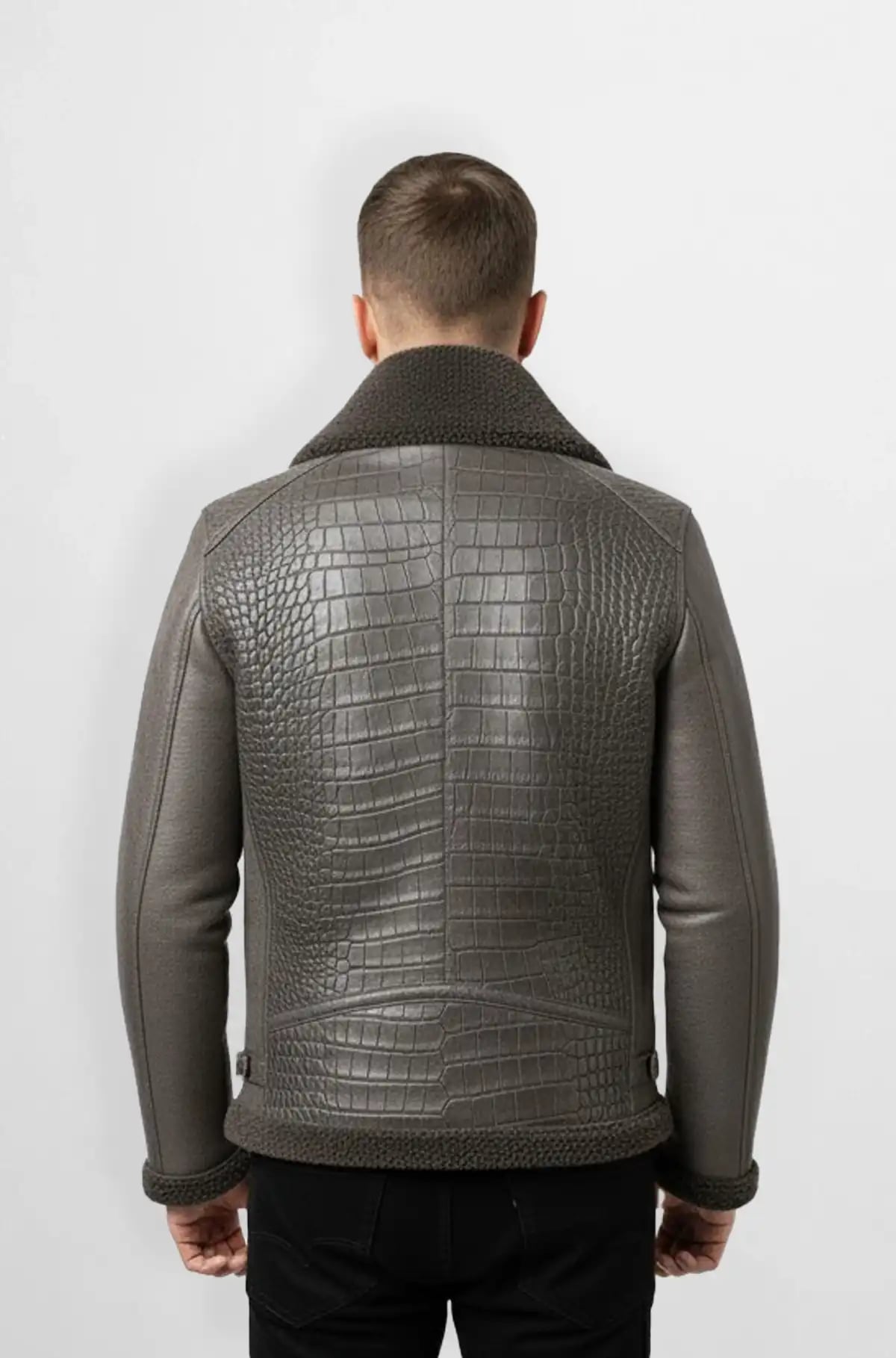 Stone hide Grey Croc Shearling Aviator Leather Jacket Stone hide Grey Croc Shearling Aviator Leather Jacket