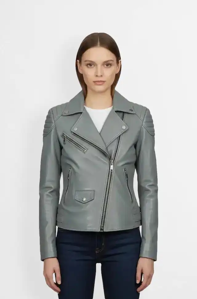 StormRide Light Grey Leather Biker Jacket StormRide Light Grey Leather Biker Jacket
