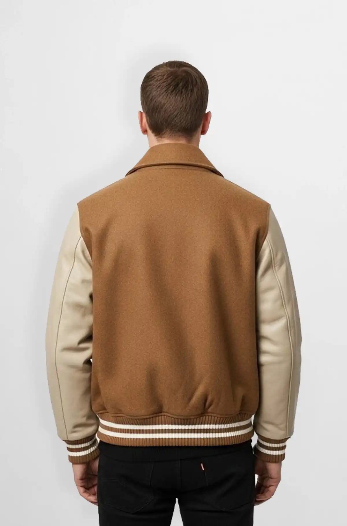 Tan and Cream Wool Leather Varsity Jacket Tan and Cream Wool Leather Varsity Jacket
