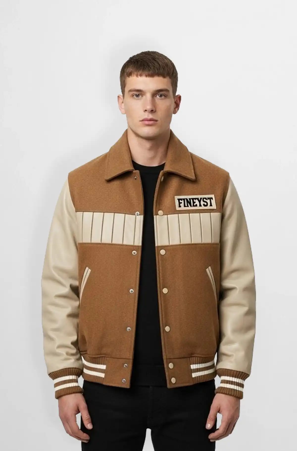 Tan and Cream Wool Leather Varsity Jacket Tan and Cream Wool Leather Varsity Jacket