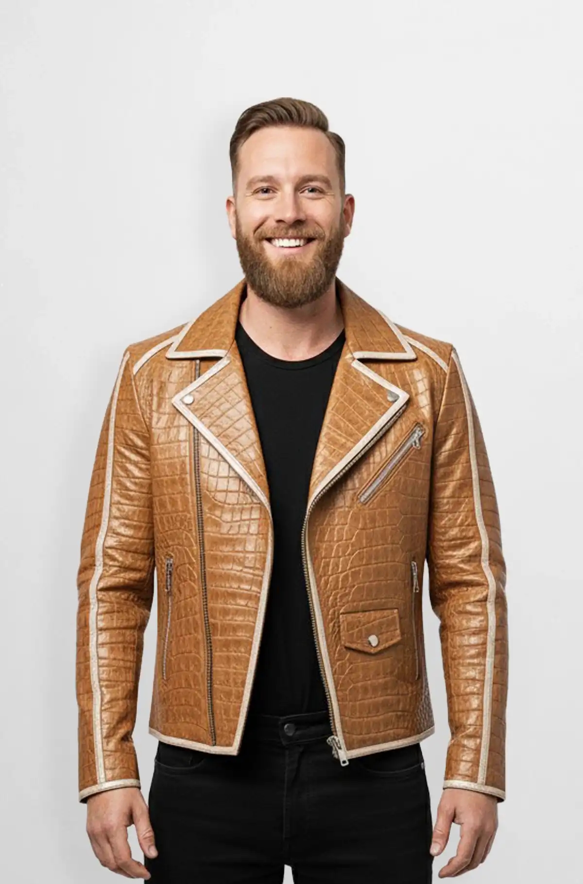 Tan Croc Embossed Biker Leather Jacket Tan Croc Embossed Biker Leather Jacket