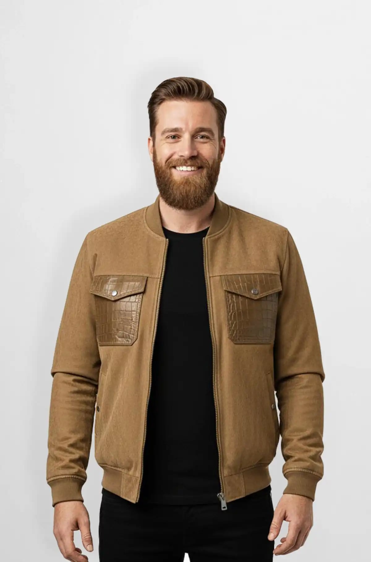 Tan Crocodile Patch Bomber Jacket for Men Tan Crocodile Patch Bomber Jacket for Men