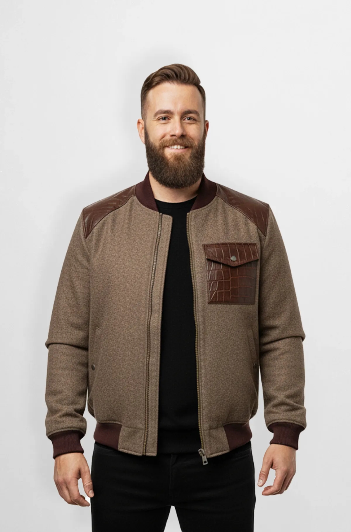 Taupe Brown Crocodile Wool Leather Bomber Jacket Taupe Brown Crocodile Wool Leather Bomber Jacket