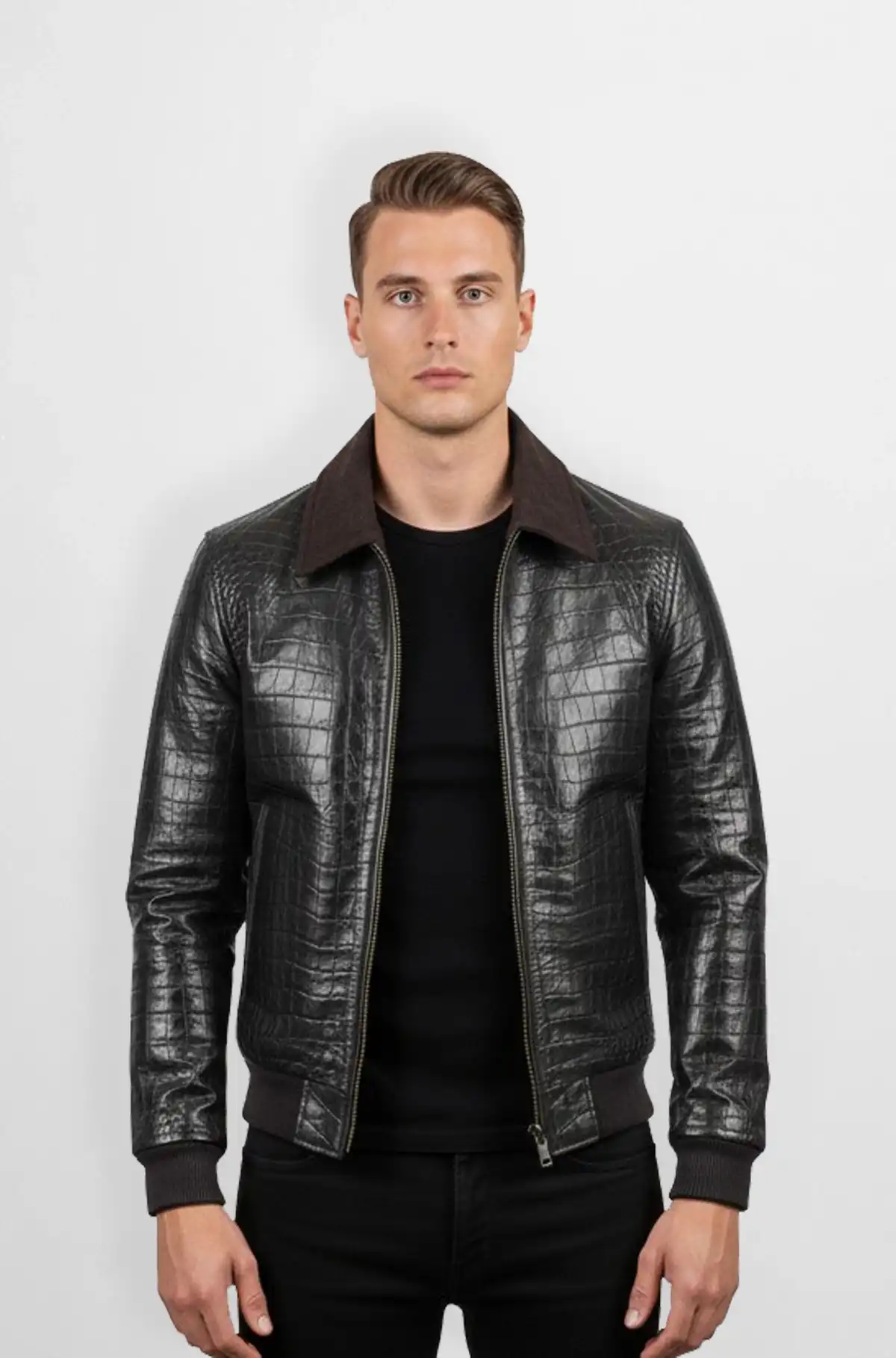 The Black Crocodile Leather Bomber Jacket The Black Crocodile Leather Bomber Jacket