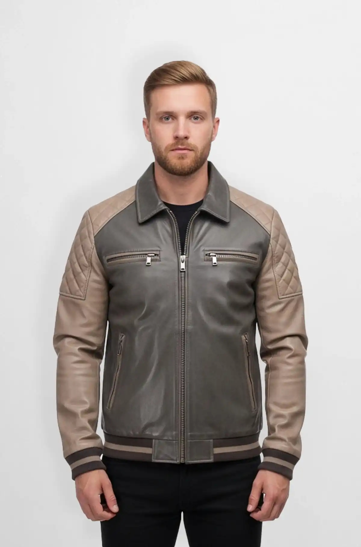 The Stone And Taupe Leather Varsity Jacket The Stone And Taupe Leather Varsity Jacket