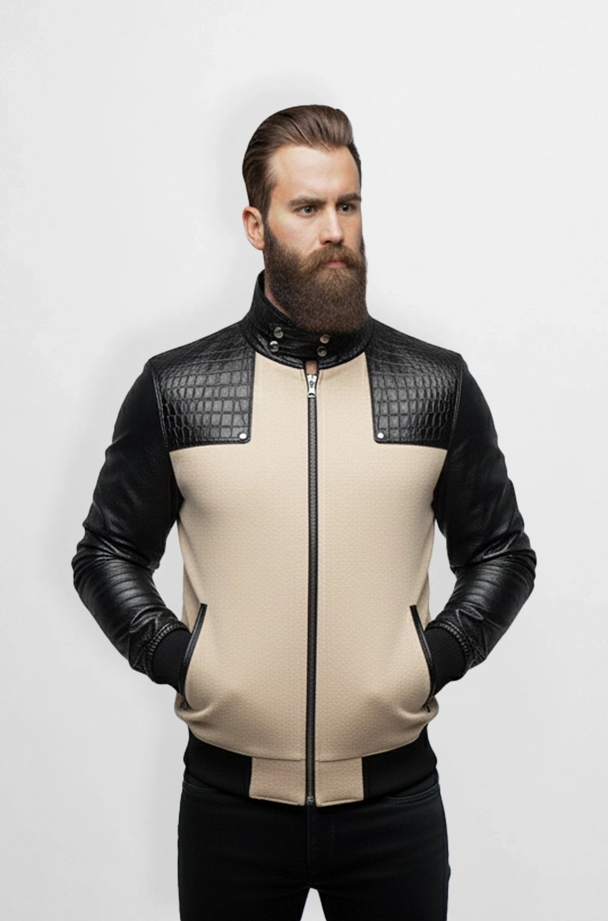 Trim Beige Crocodile Wool Leather Bomber Jacket Trim Beige Crocodile Wool Leather Bomber Jacket