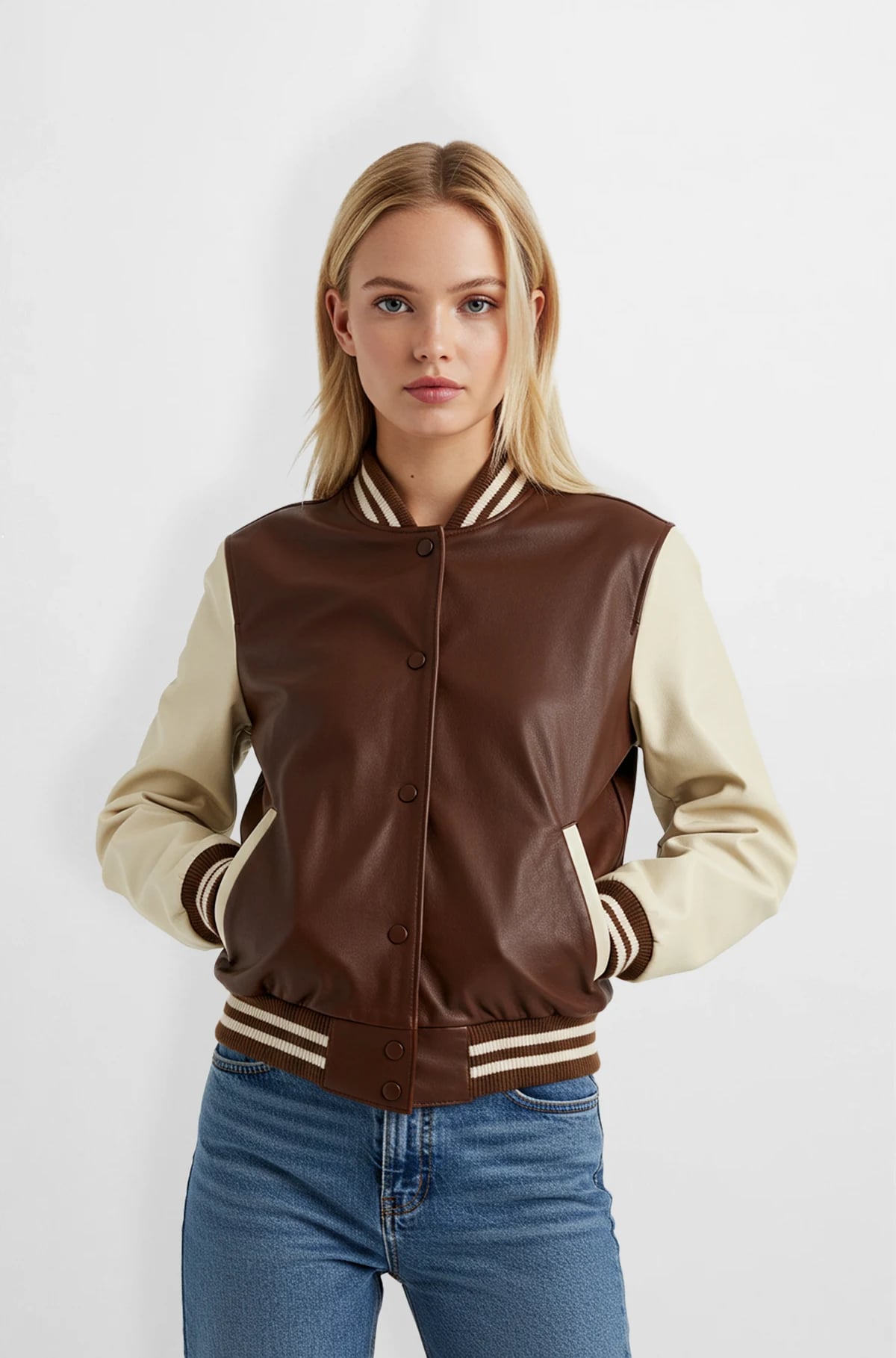 Two Tone Varsity Leather Bomber Jacket Two Tone Varsity Leather Bomber Jacket