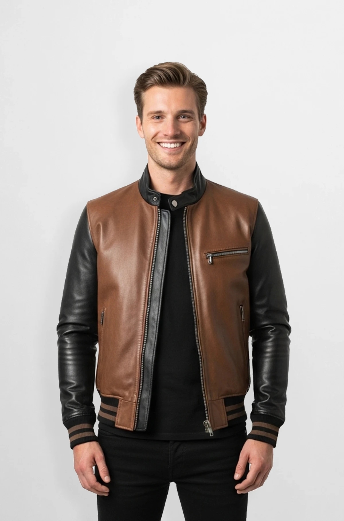Two-Tone Varsity Leather Jacket Brown and Black Two-Tone Varsity Leather Jacket Brown and Black