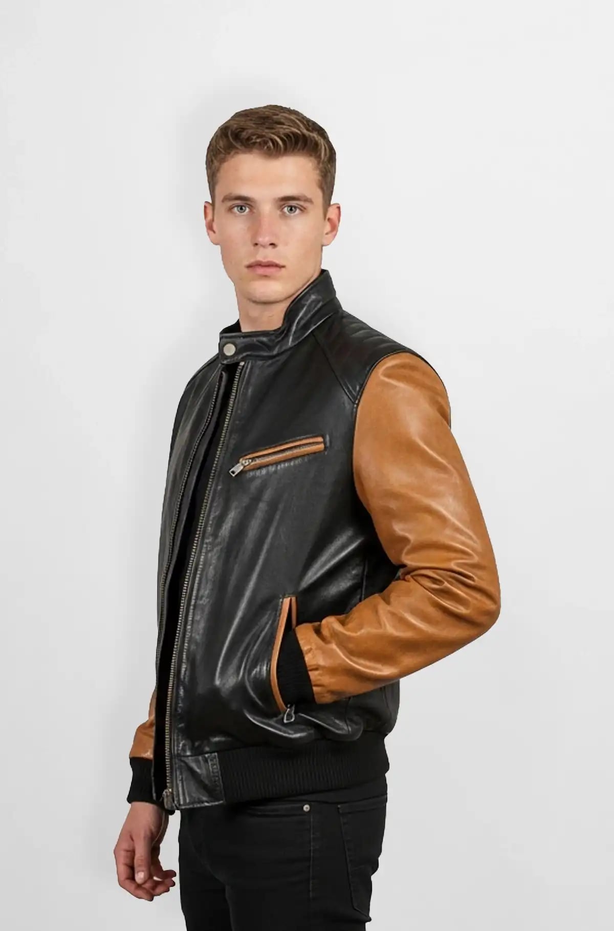 Urban Edge Black and Tan Bomber Leather Jacket Urban Edge Black and Tan Bomber Leather Jacket