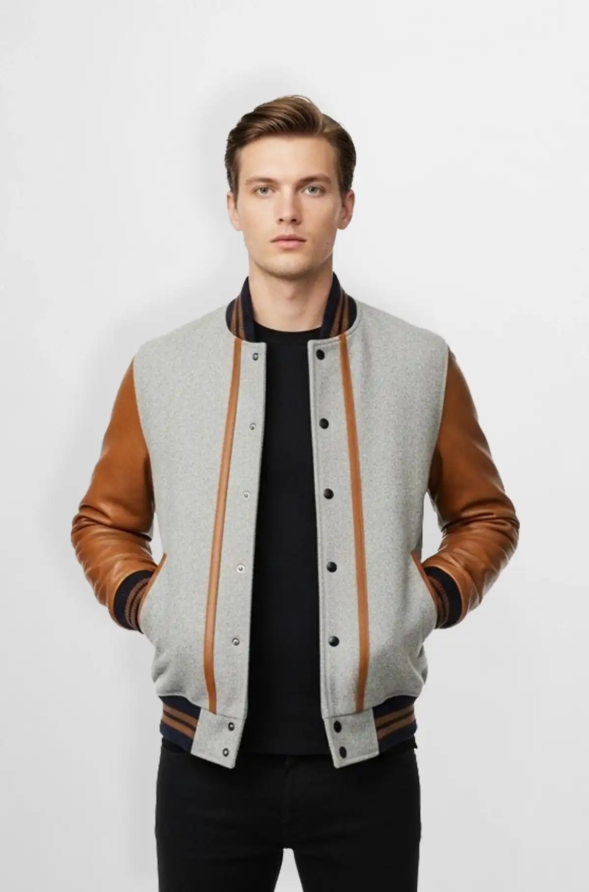 Urban Edge Camel Sleeve Mens Varsity Leather Jacket Urban Edge Camel Sleeve Mens Varsity Leather Jacket