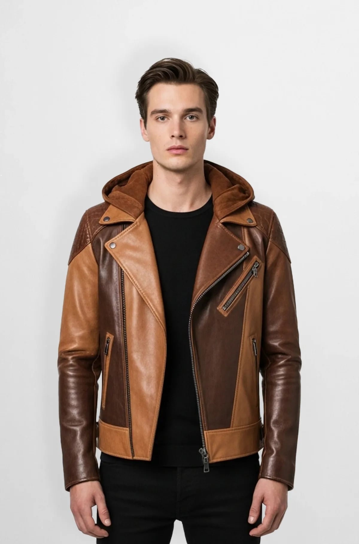 Urban Rust Dual Tone Leather Biker Hoodie Jacket Urban Rust Dual Tone Leather Biker Hoodie Jacket
