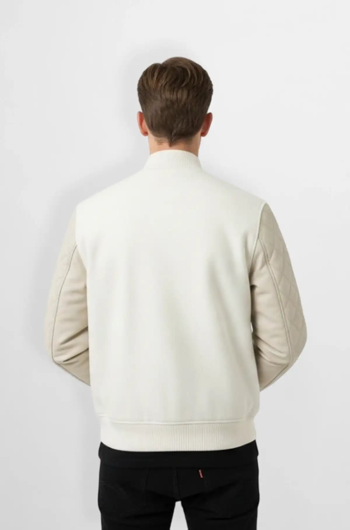 White Quilted Sleeve Varsity Leather Jacket White Quilted Sleeve Varsity Leather Jacket