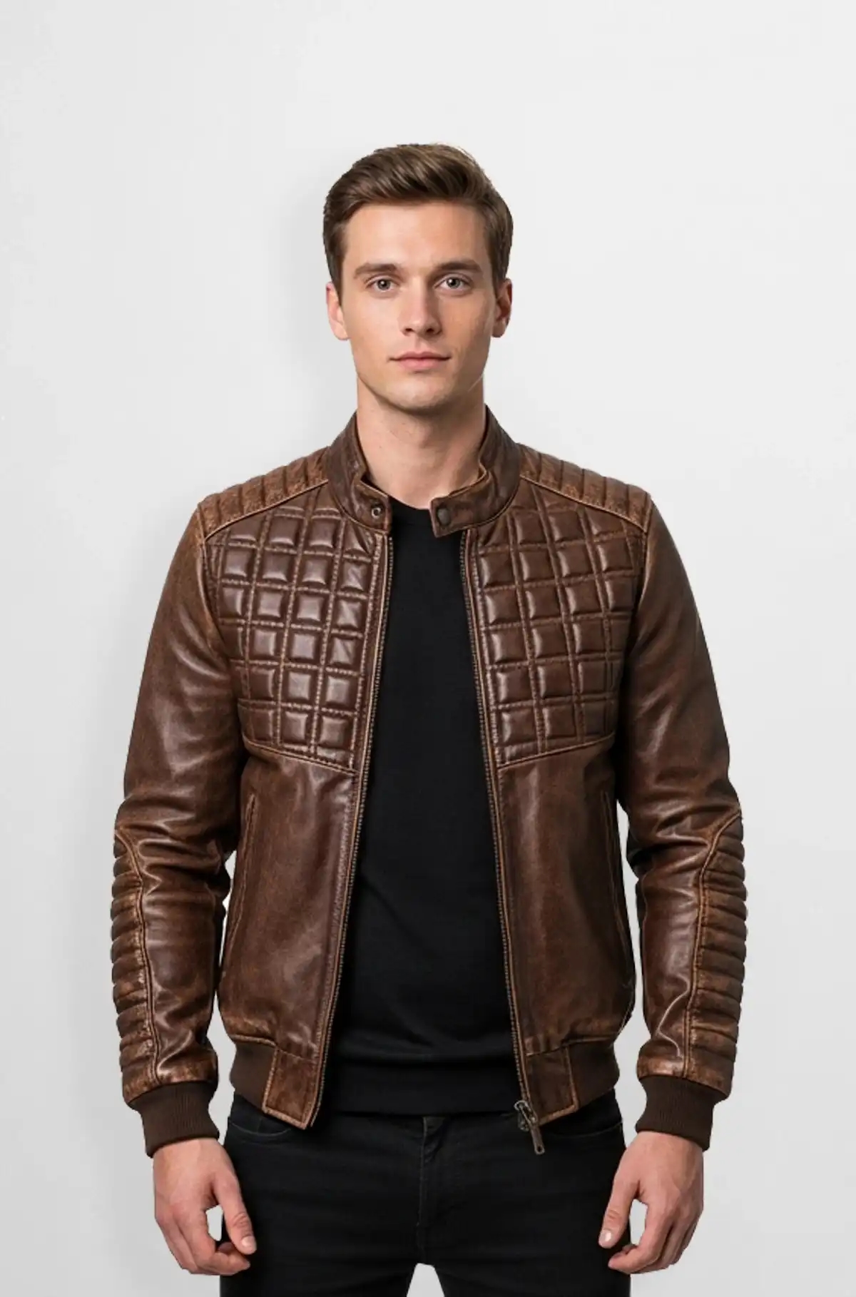 Woodish Brown Quilted Leather Jacket Woodish Brown Quilted Leather Jacket