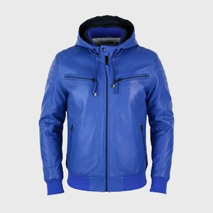 Mens Blue Leather Jackets with Hood