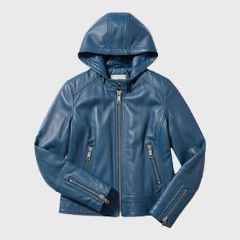 Womens Blue Hooded Leather Jackets